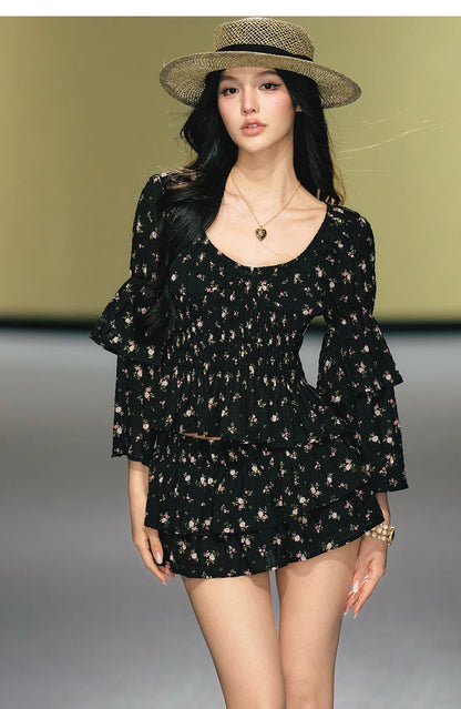 "Midnight Tea Garden" Black Floral Ruffle Blouse & Tiered Mini Skirt Set