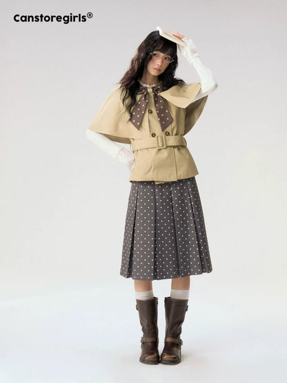 [CAN] "Afternoon Tea Break" Khaki Bow Cape Trench Coat Set