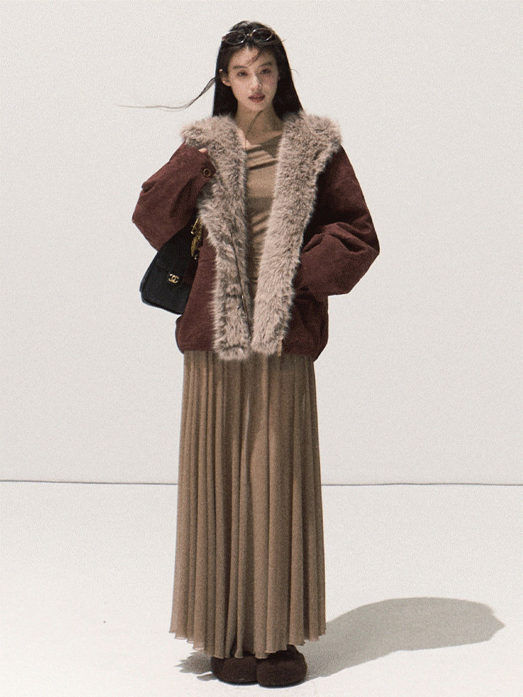 OAKMOO/ Burgundy Red Faux Suede Hooded Jacket with Ombre Faux Fur