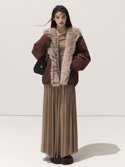 OAKMOO/ Burgundy Red Faux Suede Hooded Jacket with Ombre Faux Fur