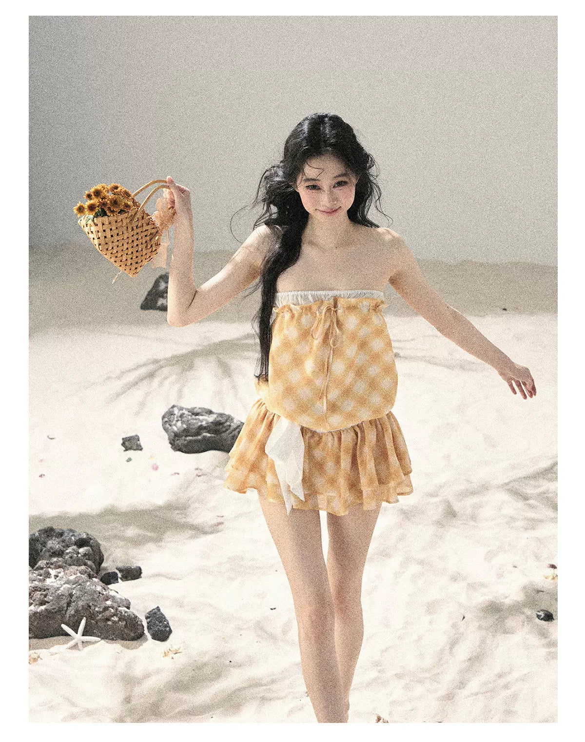 "Breeze Upon the Waves" Cheese Yellow Off-Shoulder Diamond Quilted Mini Dress
