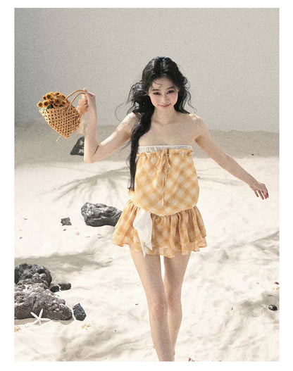 "Breeze Upon the Waves" Cheese Yellow Off-Shoulder Diamond Quilted Mini Dress