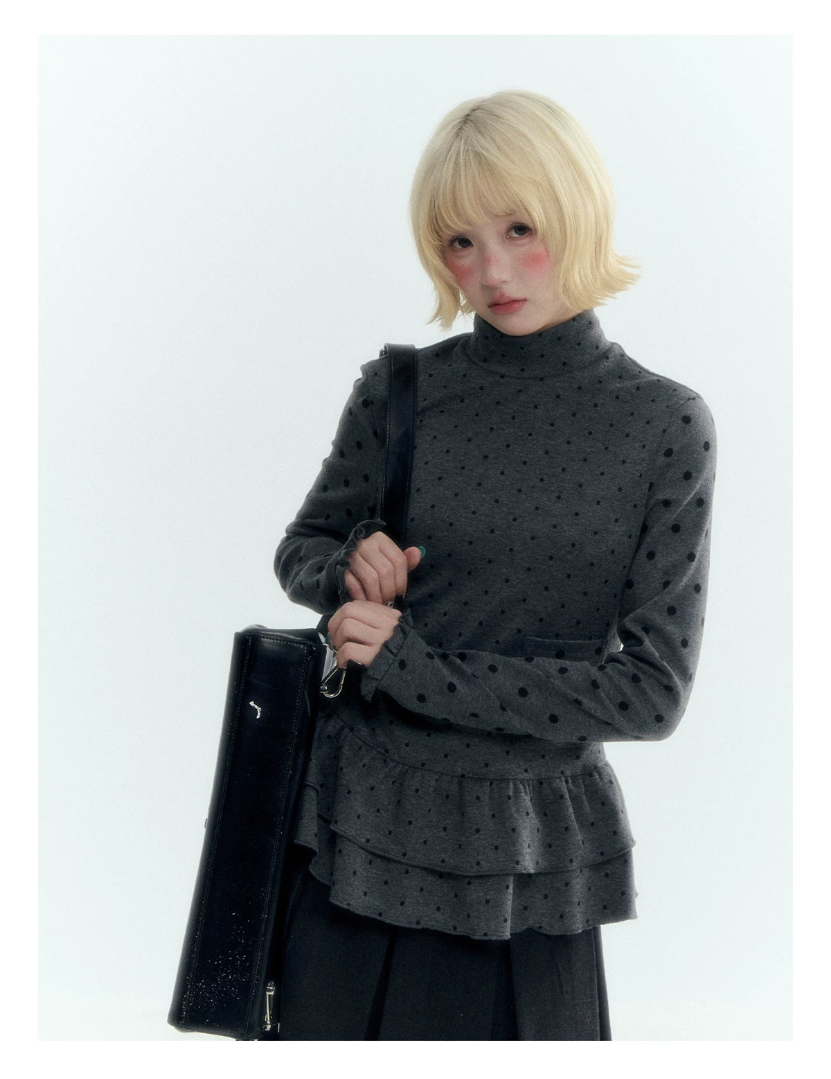 Horridale - Dark Gray Polka Dot Mock Neck Layering Top with Ruffle Hem