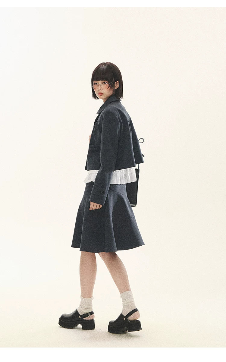 "First Day of Spring" Charcoal Gray Bow Blazer & Asymmetrical Skirt Set