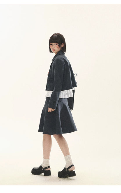"First Day of Spring" Charcoal Gray Bow Blazer & Asymmetrical Skirt Set