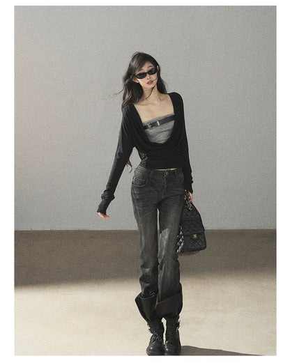 AOMALM - “Her Shoreline” American Vintage Slim Flare Jeans (Rock Black / Vintage Blue)