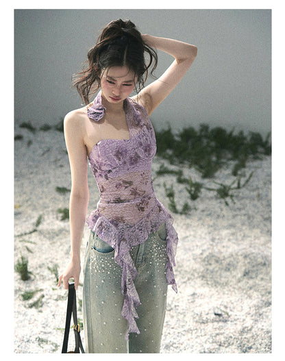 “Jacaranda Whisper” Orchid Purple Asymmetrical Halter Top