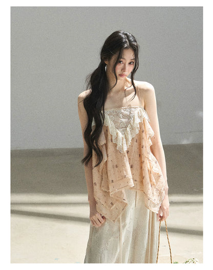 "Orange-Scented Dusk" Toasted Rice Beige Asymmetrical Lace Cami