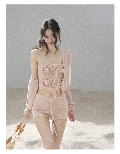 "Forest After Rain" Dusty Rose 3-Piece Cardigan & Shorts Set 45236485