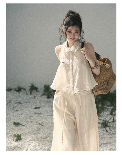 "Soft Cloud Reverie" Dutch Cream Lace Top & Bubble Skirt & Wide-Leg Pants Set 5468465
