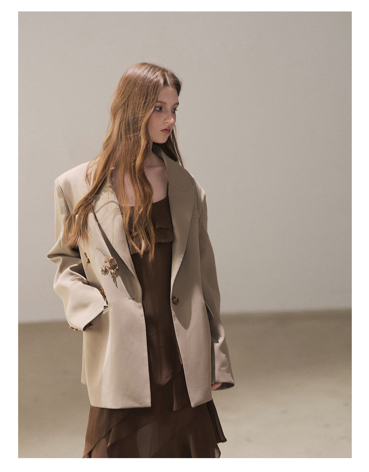 170726 "Whispers Beneath the Brown Skirt" Mocha Mousse Ruffle Cami Mini Dress + Gray Taupe Tailored Blazer