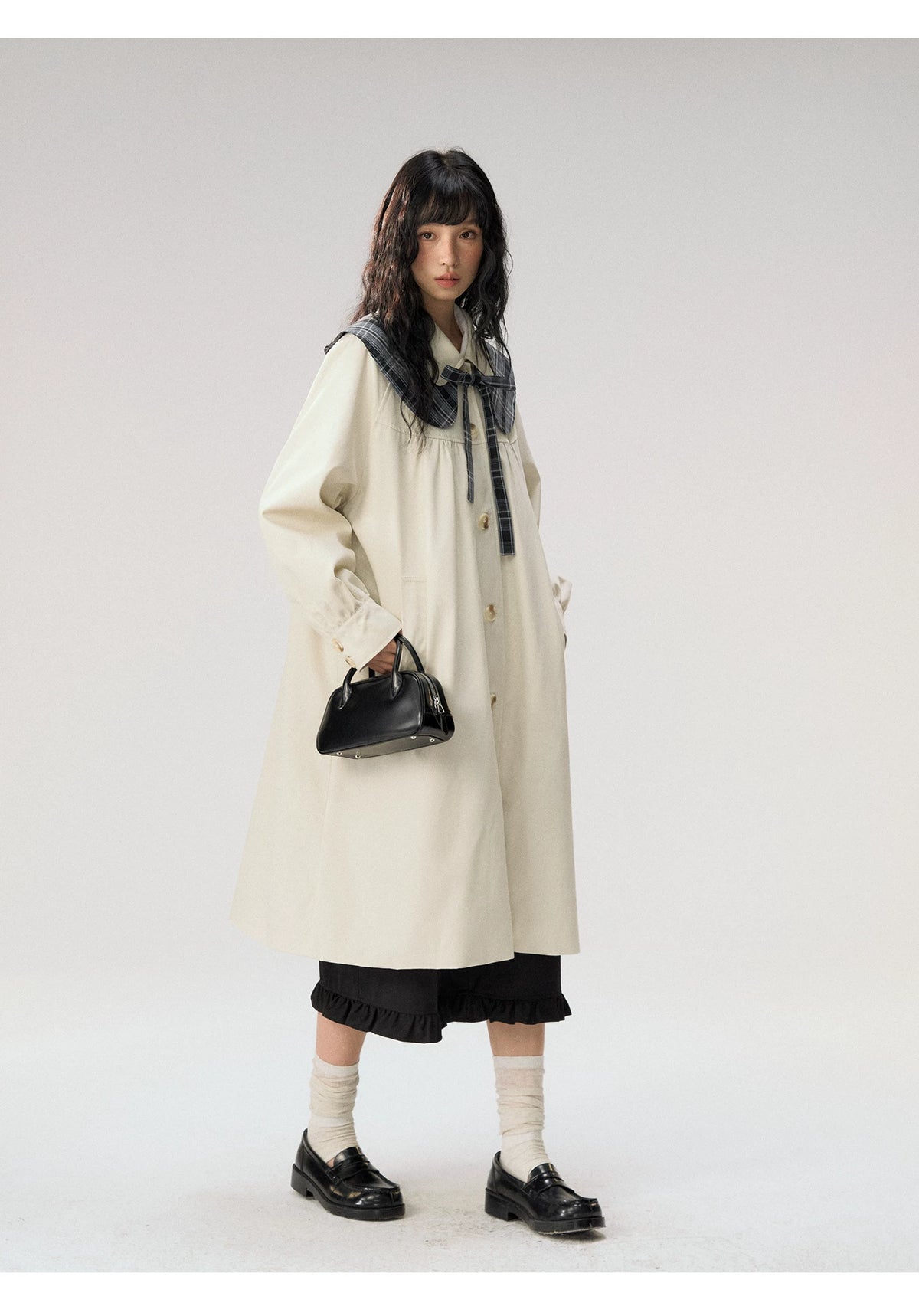 [CAN] “Oat Check Collar” Apricot Bow Cape Collar Trench Coat