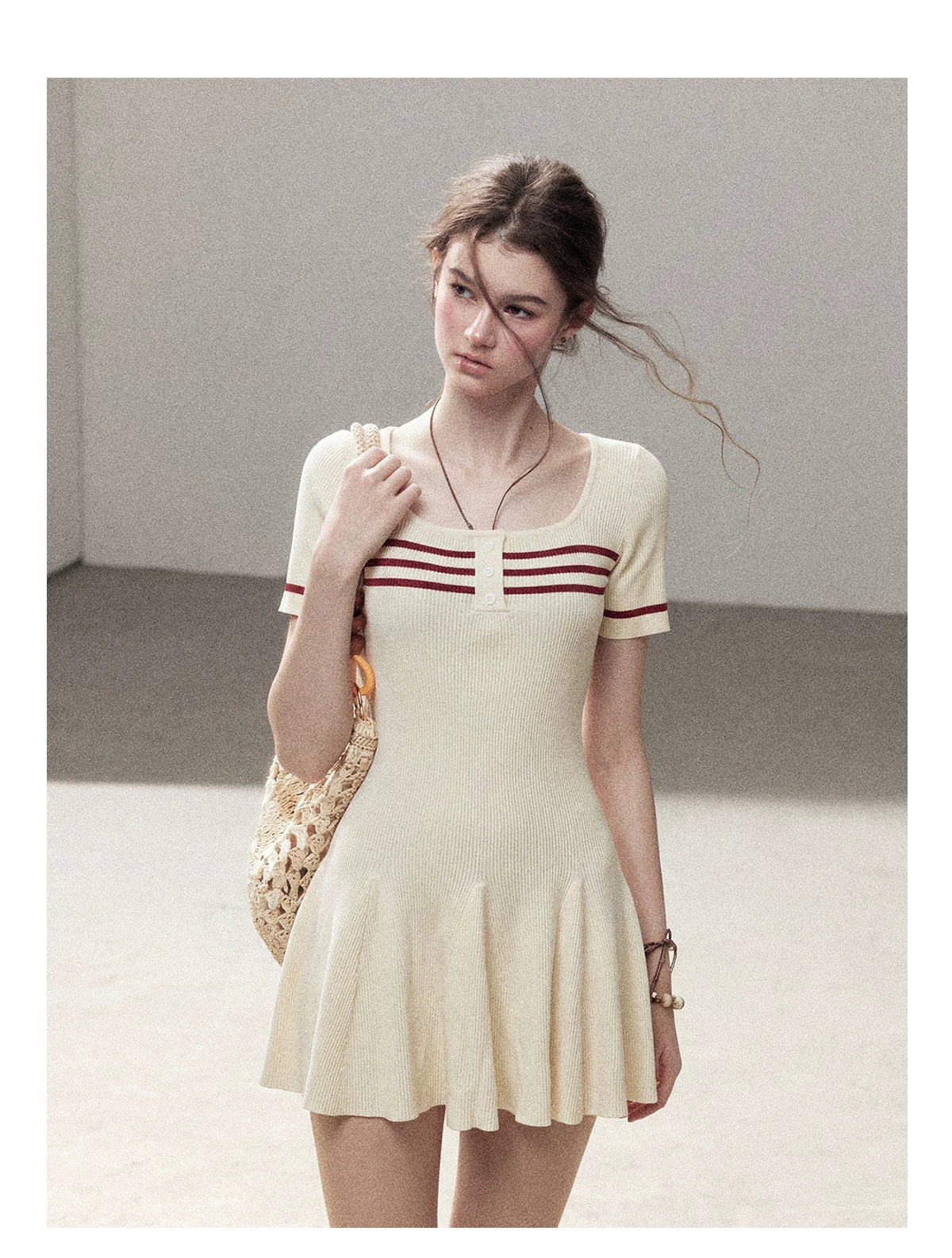 "First Date" Ivory Square Neck Knit Pleated Mini Dress