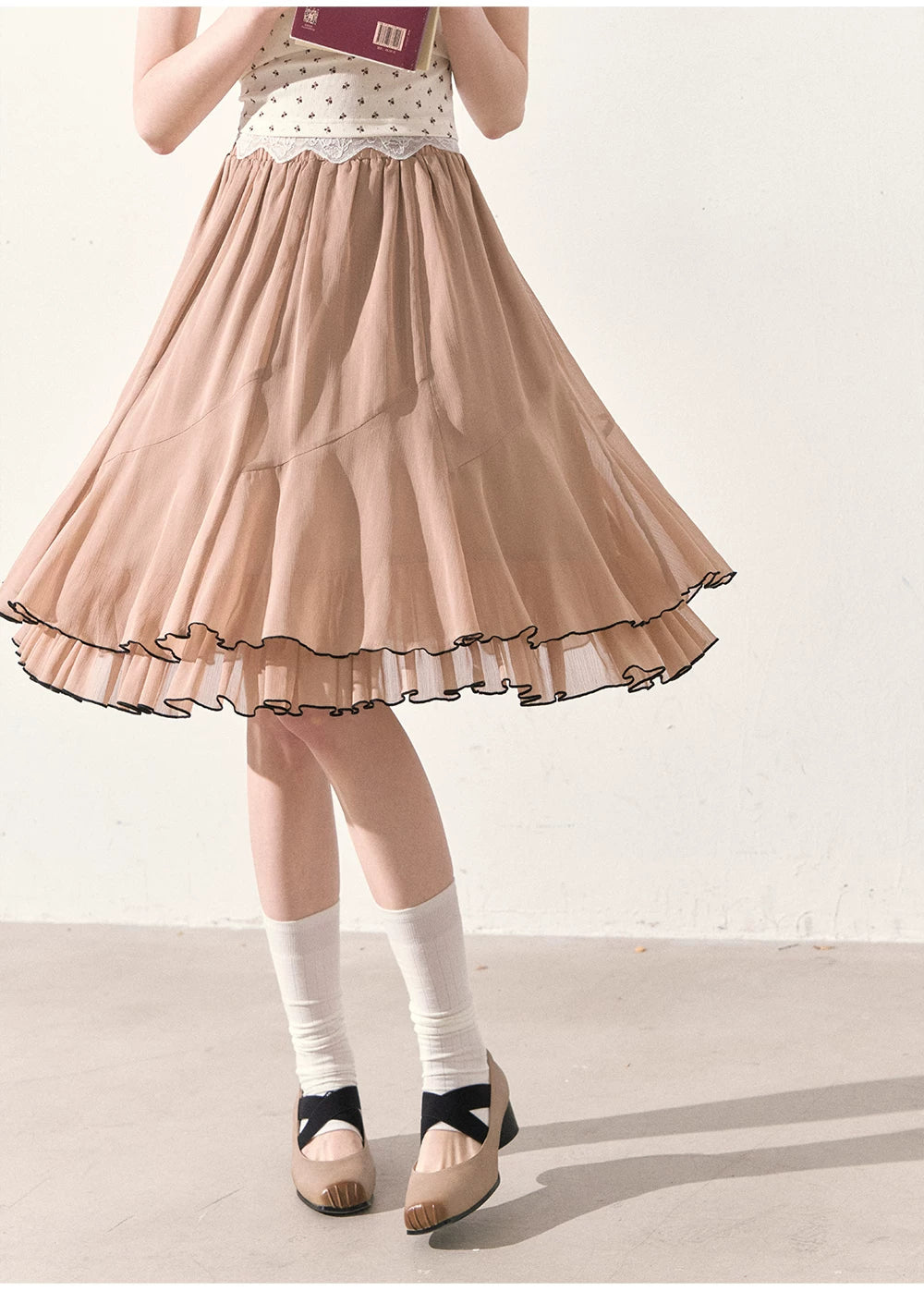 "Summer Café Encounter" Chocolate Knit Cardigan, Floral Lace Cami & Mocha Chiffon Skirt Set