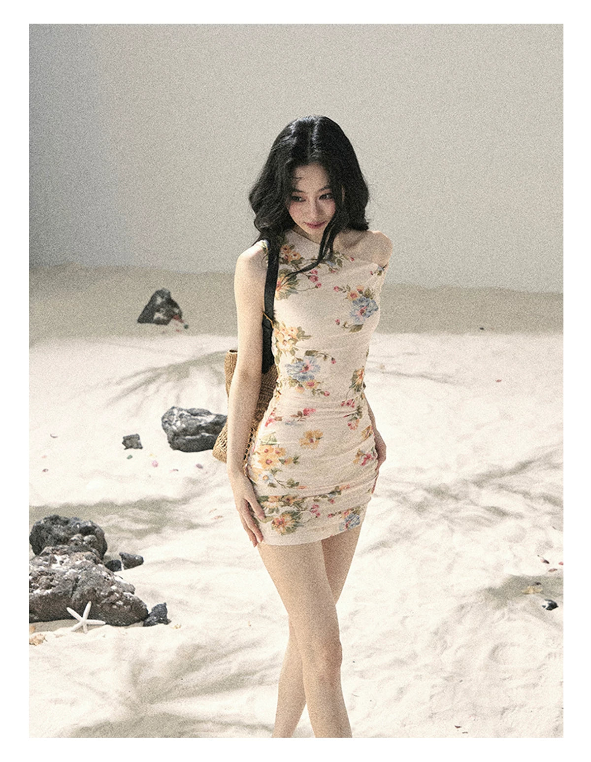 "Waiting for Blossoms" Dutch Cream Floral Ruched Mini Dress 43236