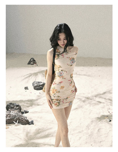 "Waiting for Blossoms" Dutch Cream Floral Ruched Mini Dress 43236