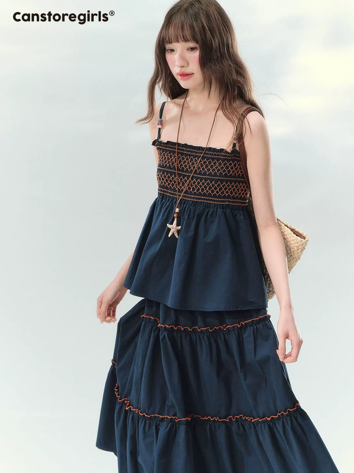 “Bohemian Travel Notes” Navy Beaded Cami & Tiered Maxi Skirt Set