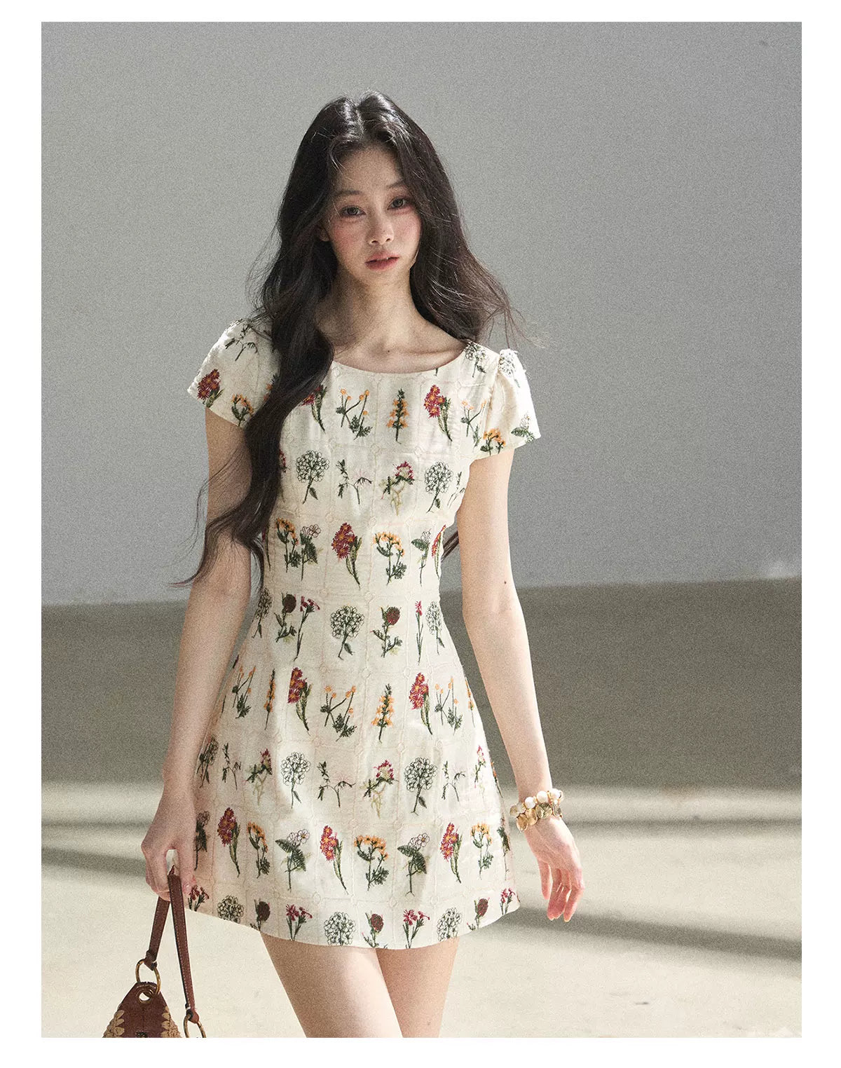 "Wildflower Daydream" Dutch Cream Embroidered Mini Dress - Short Sleeve 45684