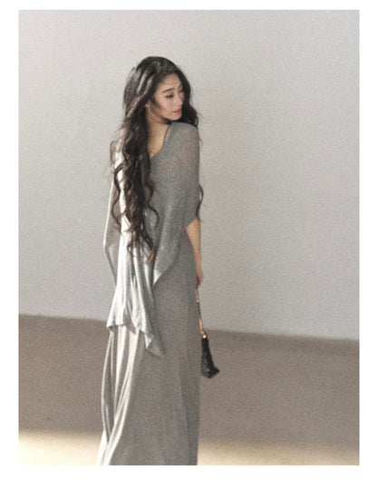AOMALM - French-Inspired Two-Piece Maxi Dress Set with Layered Cape Overlay