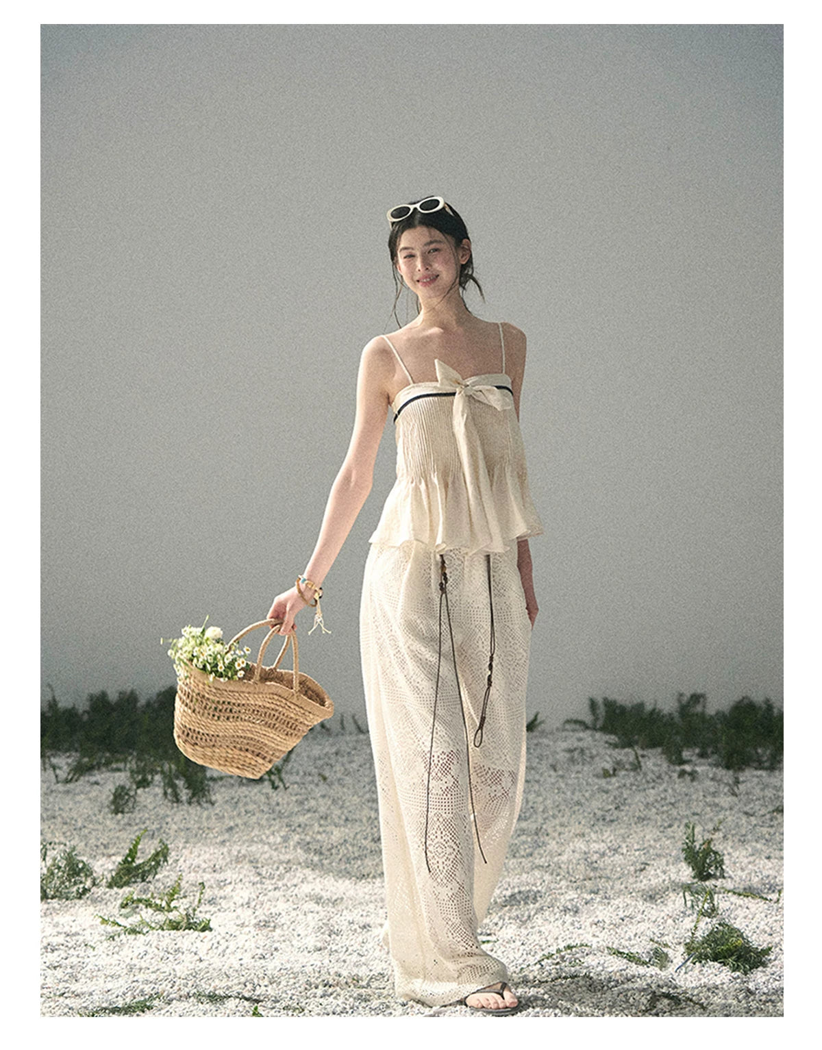 “Breeze Over Pleats” Cream Ribbon Camisole Top