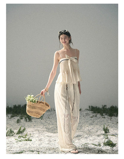 “Breeze Over Pleats” Cream Ribbon Camisole Top