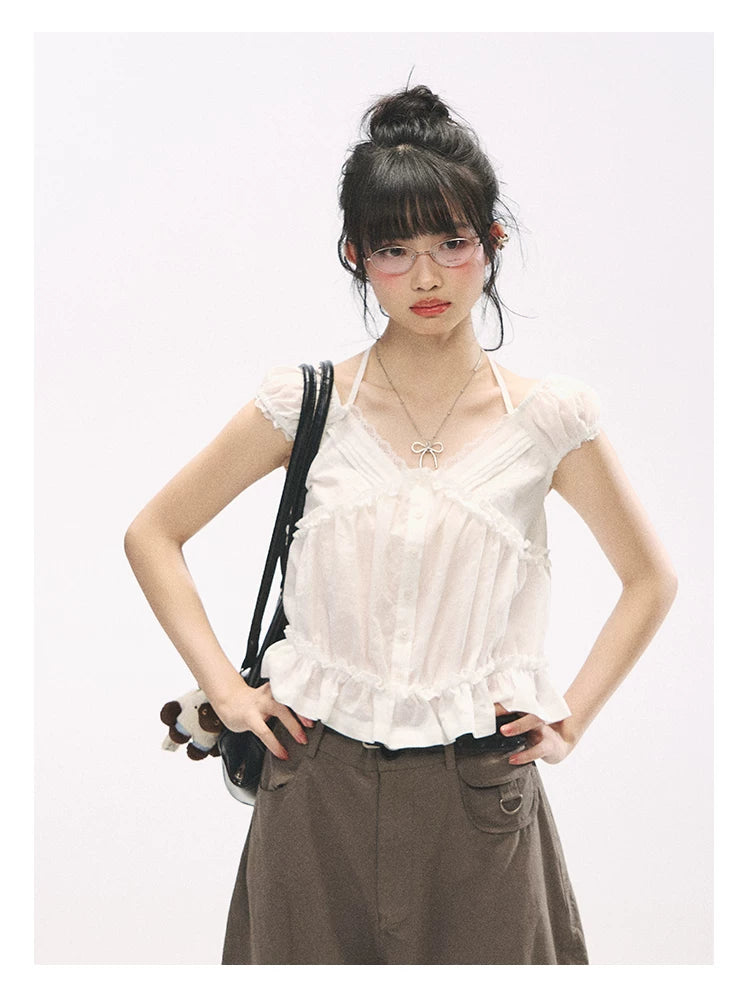 "French Meadow Romance" Ivory Lace Trim Halter Tie V-Neck Cotton Blouse
