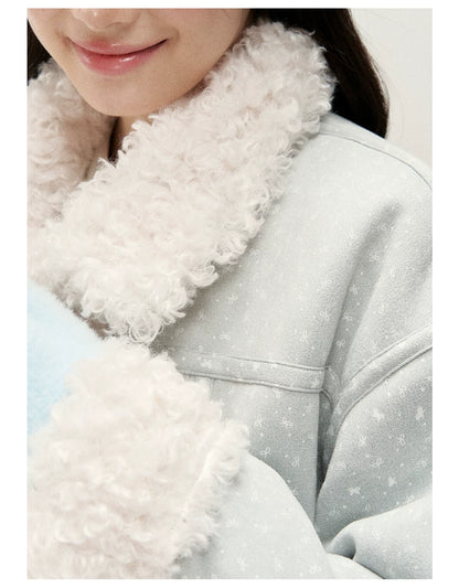 RF - Mist Blue Bow Print Suede-Look Jacket with Cream Curly Faux Fur Trim