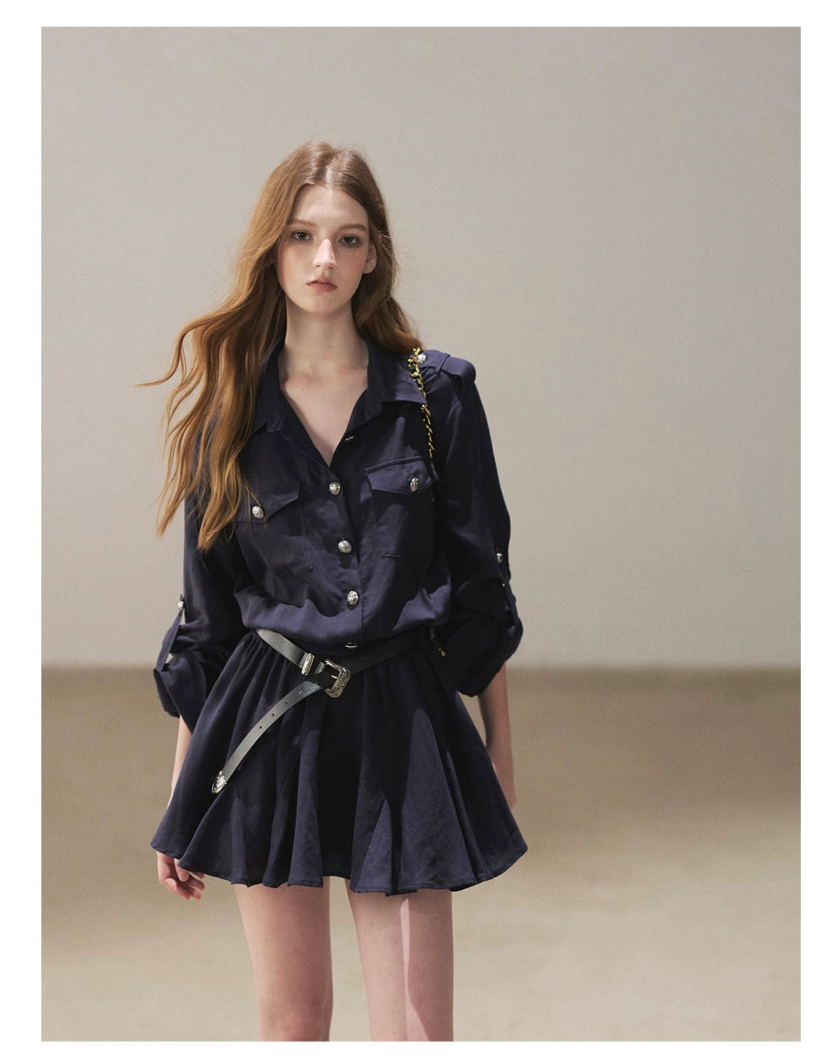 AOMALM - "Moonlight Sinks into the Sea" High-Intellect Utility Shirt Dress (Plain White / Navy Blue, with Belt & Optional Shawl)