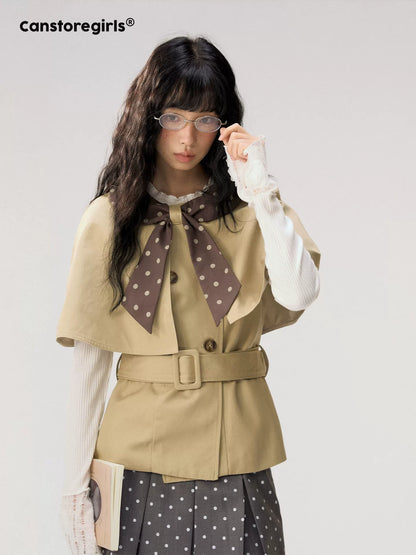 [CAN] "Afternoon Tea Break" Khaki Bow Cape Trench Coat Set