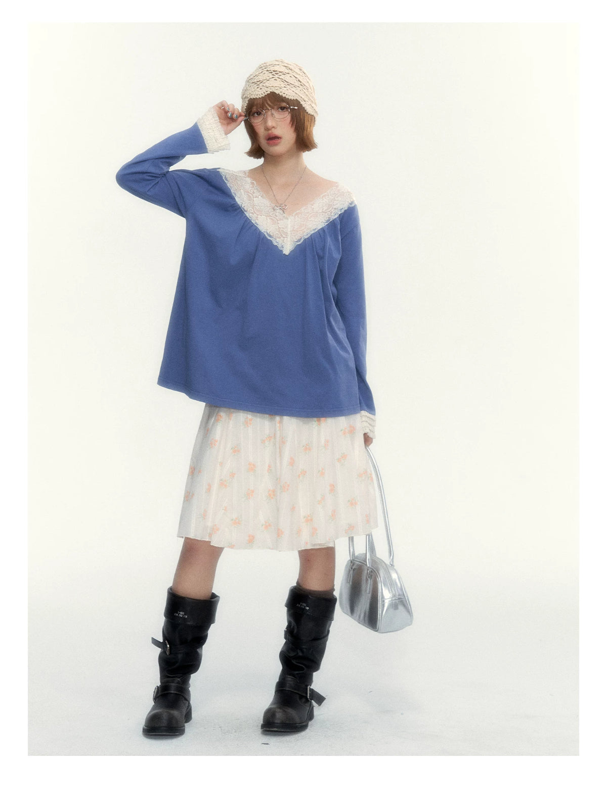 Classic Blue Lace V-Neck Long-Sleeve Top