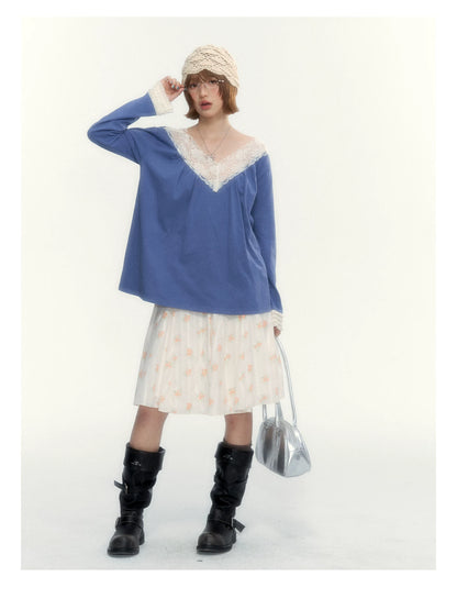 Classic Blue Lace V-Neck Long-Sleeve Top