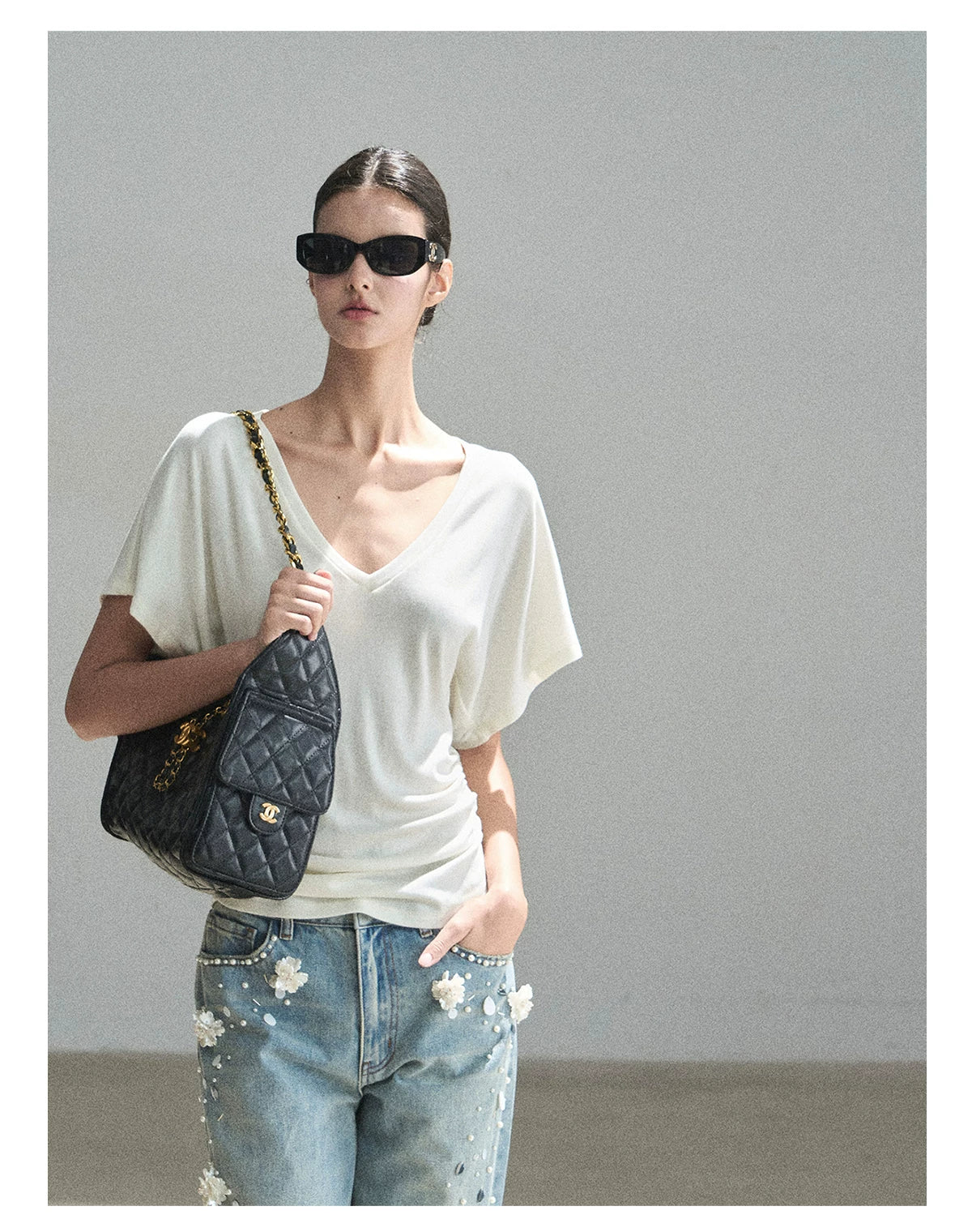 "The First Ray of Sunshine" V-Neck Crop Tee (Ginger Yellow. Creamy Apricot White)