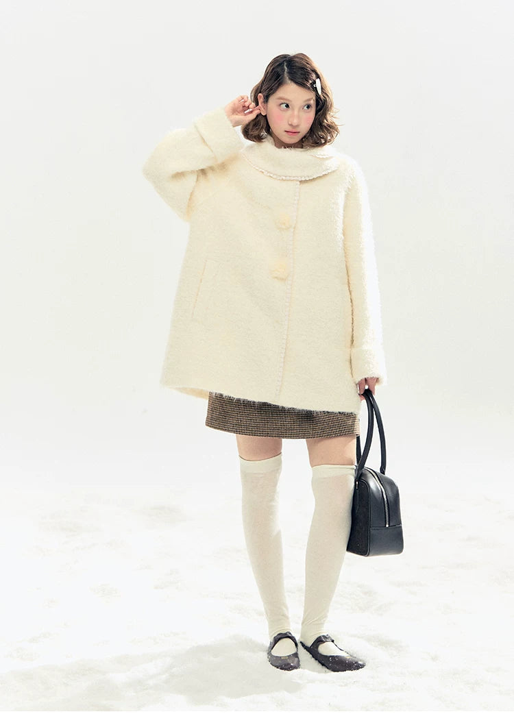 "Snow-Kissed Sakura" Ivory Wool-Blend Quilted Mid-Length Coat with Detachable Plush Flowers