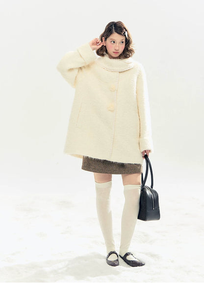 "Snow-Kissed Sakura" Ivory Wool-Blend Quilted Mid-Length Coat with Detachable Plush Flowers