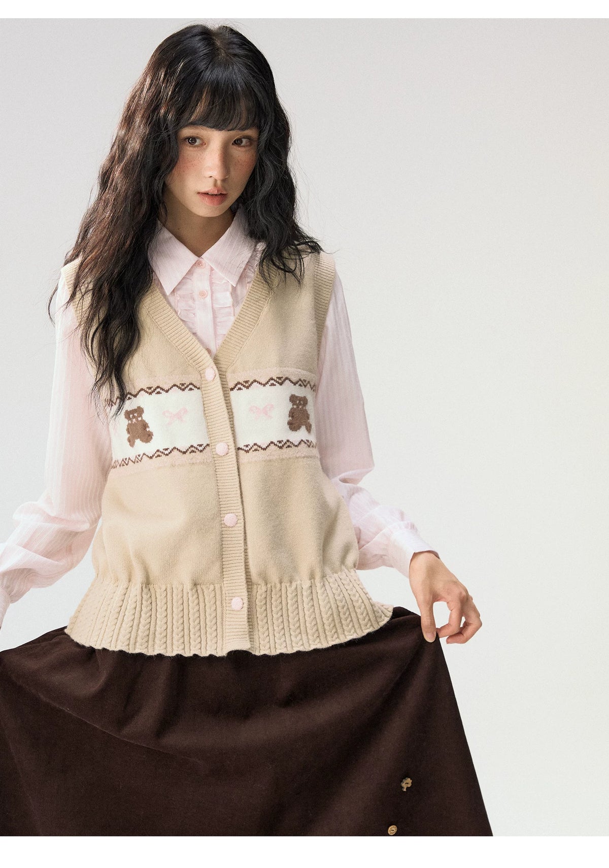 [CAN] "Bear Waltz" Brown Bow Jacquard Knit Vest