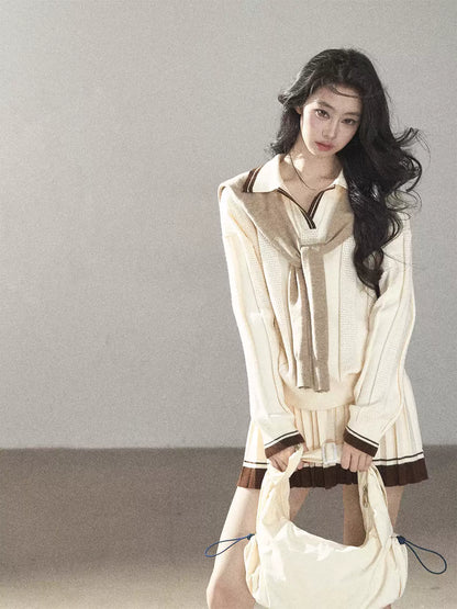 AOMALM - Dutch Cheese Knit Top & Pleated Mini Skirt Set with Khaki Shawl