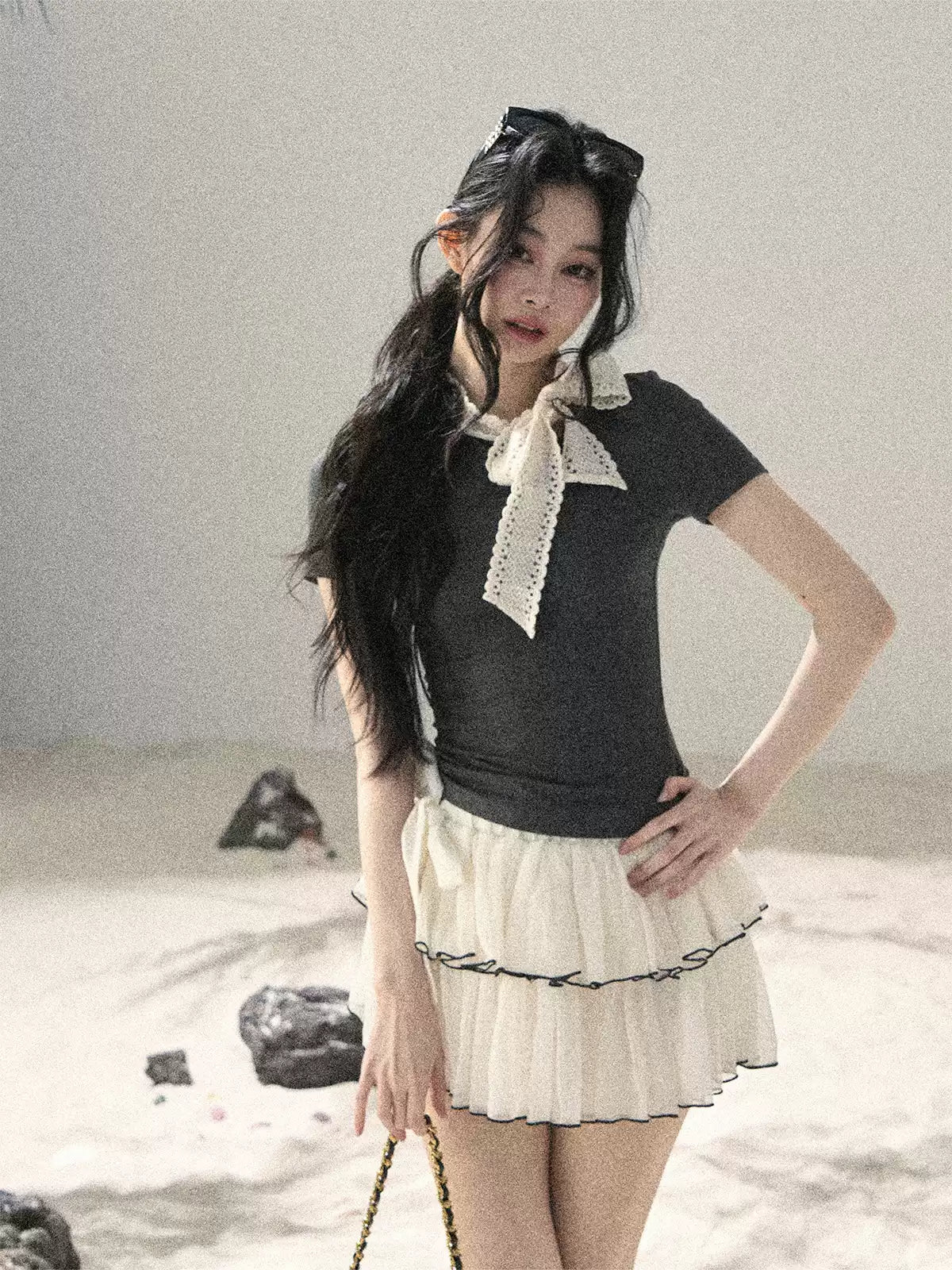 "Shadows & Soft Clouds" Slate Gray Bow Accent Crop Top