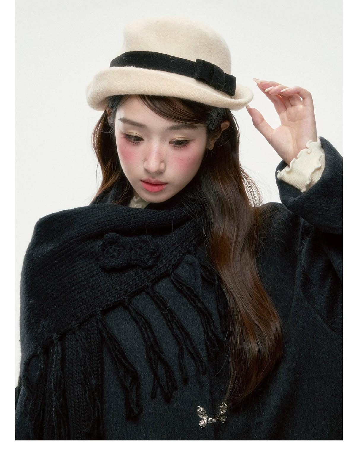BIBIBENCY - Black Wool-Blend Coat with Detachable Scarf Collar
