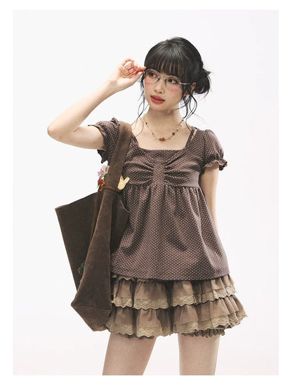 "Sweetheart Crew" Polka Dot Faux Two-Piece Bow Knit Short Sleeve Top