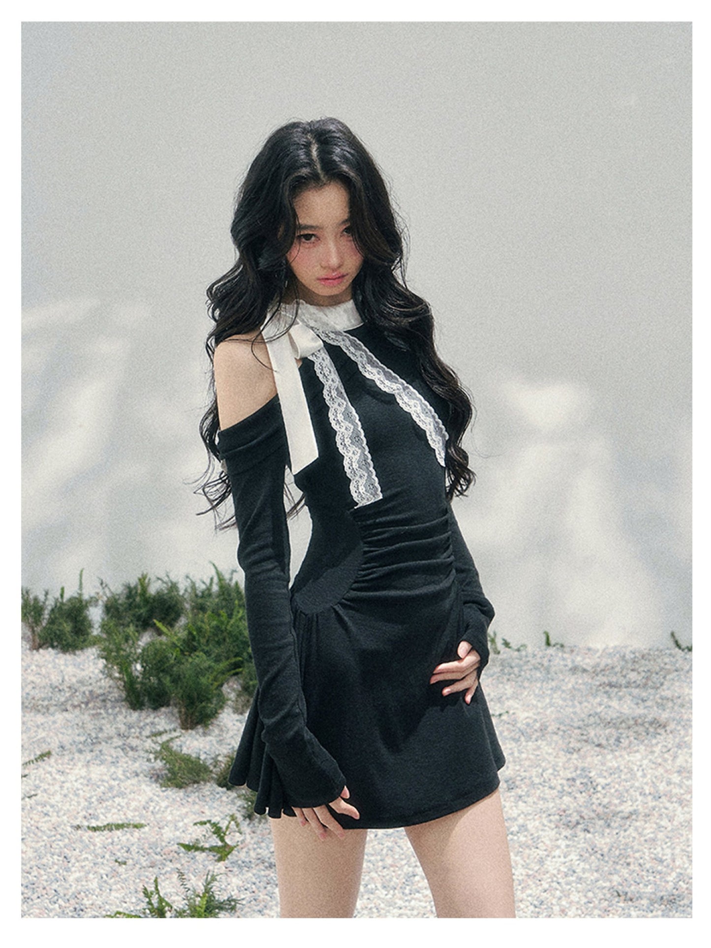 少也眼 “Lingering Warmth Entwined” Layered French Lace One-Shoulder Mini Dress - Serene Black 5435553