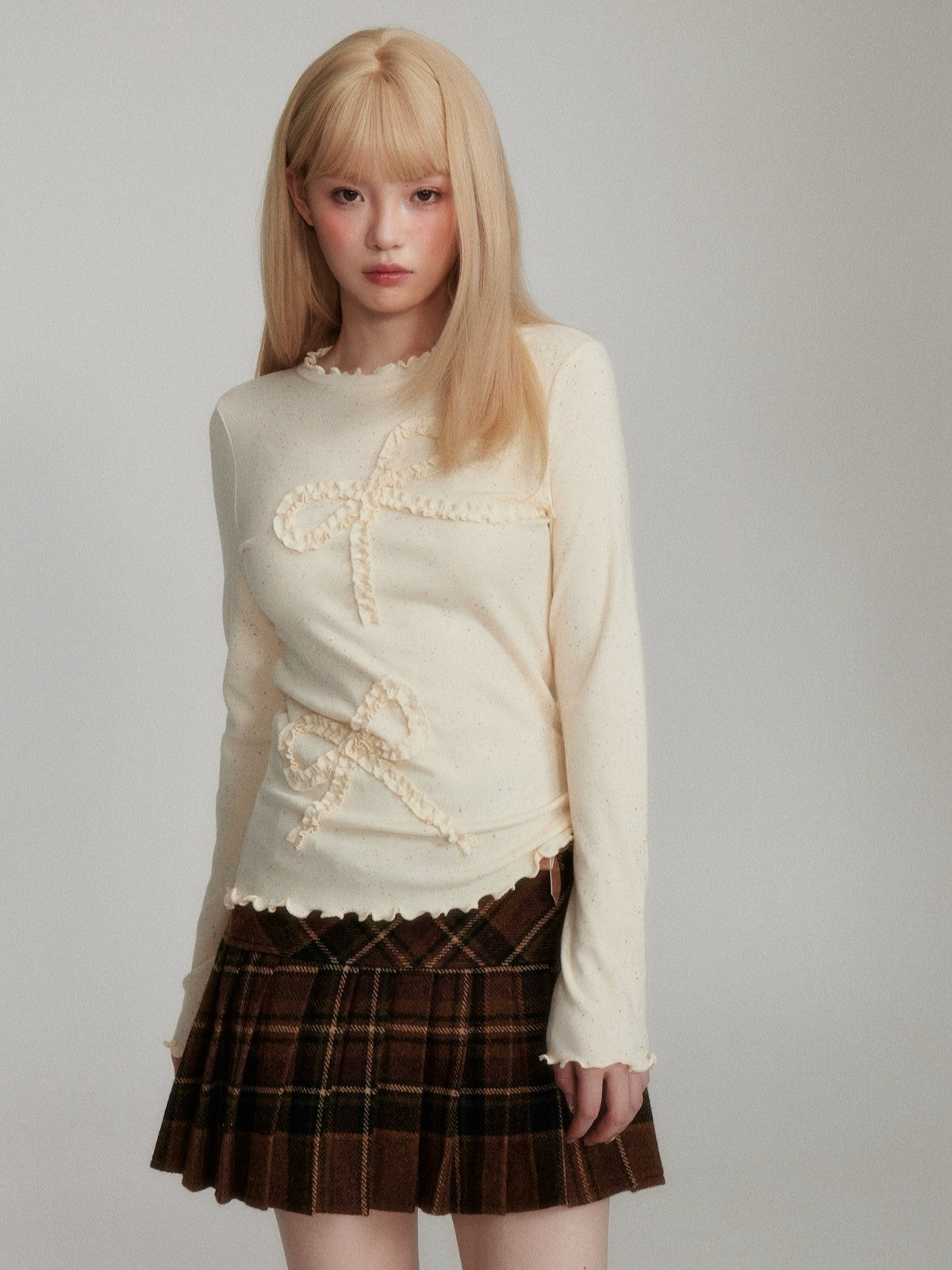 “Cozy Winter Speckled Bow” Lenzing Lyocell Long-Sleeve Base Top - Apricot Yellow M6669