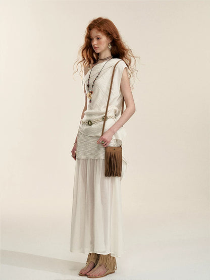 Apricot Sheer-Panel Midi Skirt