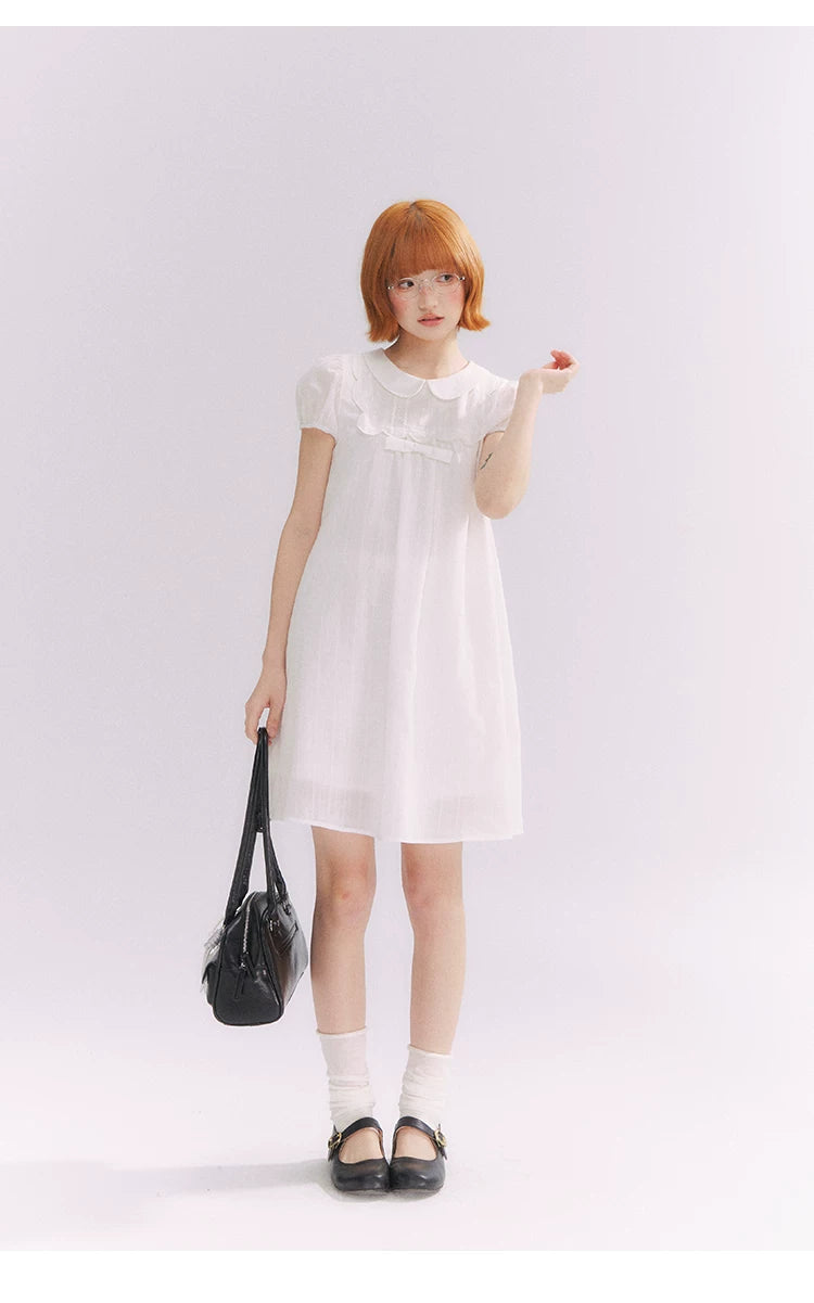 “Lace Sleep Song” White Embroidered Puff Sleeve Babydoll Dress