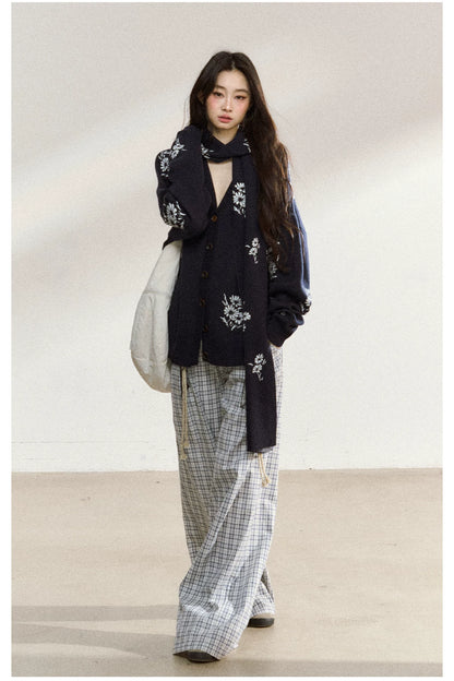 JN's DESIGN - Navy Blue Floral Jacquard V-Neck Cardigan