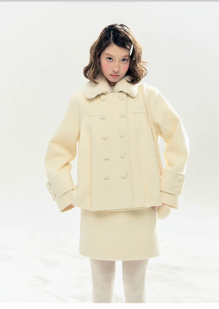 "Berlin Snowfall" Double-Breasted Quilted Wool-Blend Peacoat (Ivory/ Chocolate Brown)
