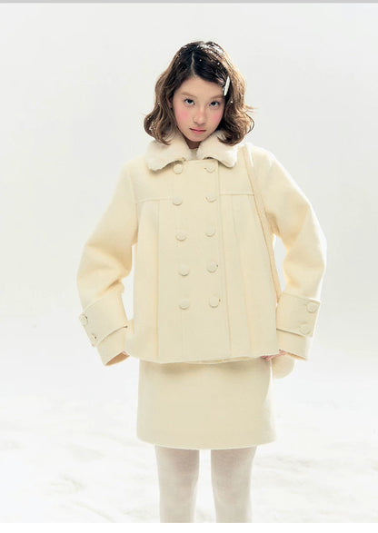 "Berlin Snowfall" Double-Breasted Quilted Wool-Blend Peacoat (Ivory/ Chocolate Brown)