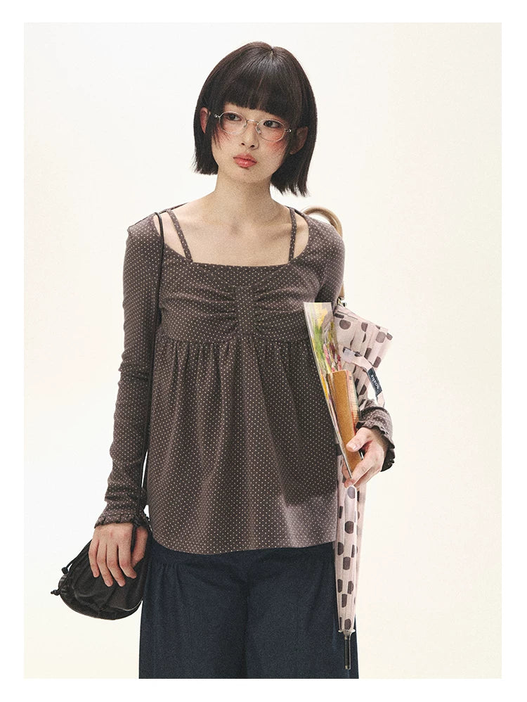 "Sweet Favorite" Polka Dot Faux-Layer Bow Knit Top (Gray Brown/ Blush Pink)