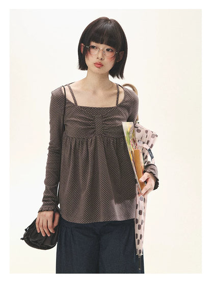 "Sweet Favorite" Polka Dot Faux-Layer Bow Knit Top (Gray Brown/ Blush Pink)