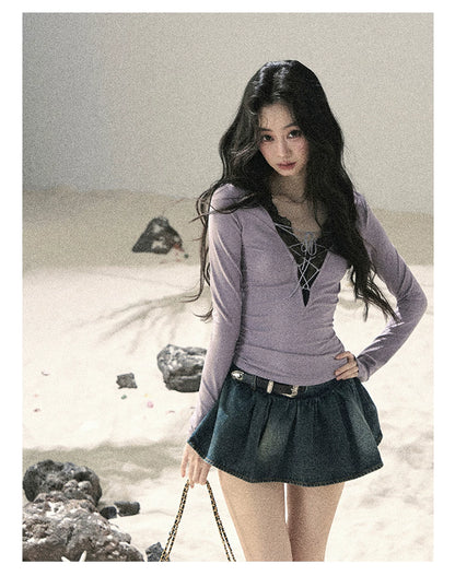 "Shimmer Across the Sea" Denim Bubble Skort (Rock Black/ Vintage Blue)