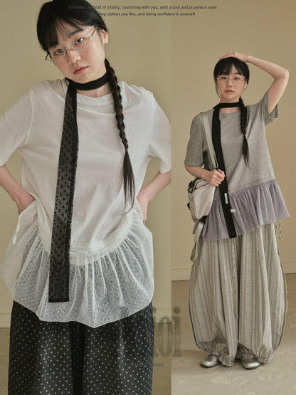 "Dot Veil" Polka Dot Mesh Panel T-Shirt (White / Gray)
